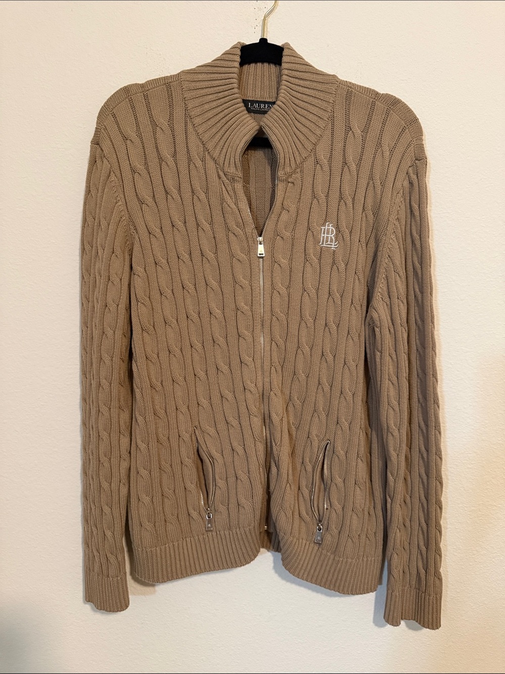 Ralph Lauren Men’s Cable-Knit Zip Cardigan in Tan